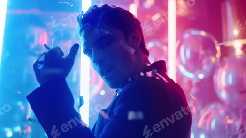 Preview: Closeup Sexy Man Dancing Under Confetti In Club. Portrait Of Gorgeous Male Person Smoking On Neon