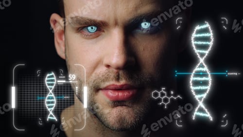 Preview: Portrait Man Dna Holograms Vision Analysing Genes Collecting Biological Data. Biochemistry