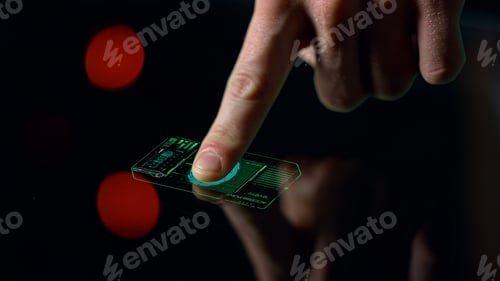 Preview: Closeup Fingerprint Protection System Checking Prints Launching App. Close Up Security Touchscreen