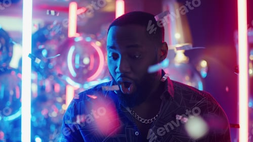 Preview: Closeup Afro Guy Getting Good News In Dance Club. Portrait Of Surprised African Man Holding Phone