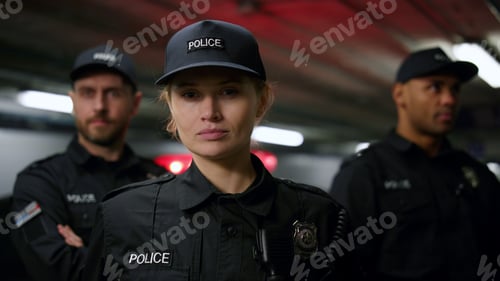 Preview: Portrait Of Serious Policewoman In Cap Posing At Camera With Colleagues On Background. Female Cop