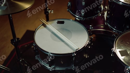 Preview: Closeup Professional Musical Instrument. Drum Kit For Jazz Band In Recording Studio. Drumsticks