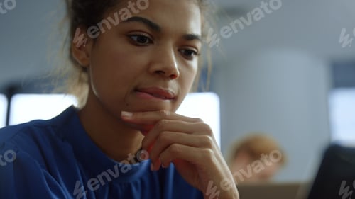 Preview: Focused Businesswoman Looking Smartphone Screen In Office Open Space. Portrait Of Thoughtful Woman