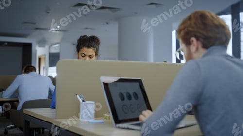 Preview: Afro Businesswoman Working In Office Open Space With Mixed Race Team. African American Business