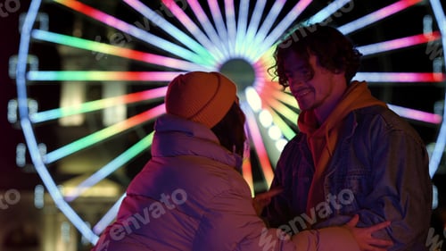 Preview: Portrait Of Love Couple Kissing On Urban Street. Happy Man And Woman Holding Hands Against