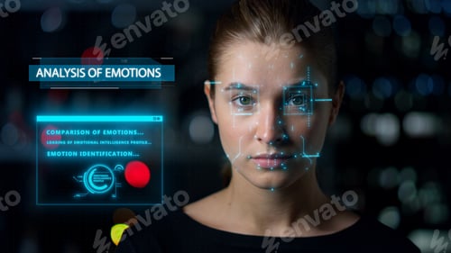 Preview: Futuristic Biometrical Analysis Emotions. Close Up Woman Face Biometrics Research. Innovate