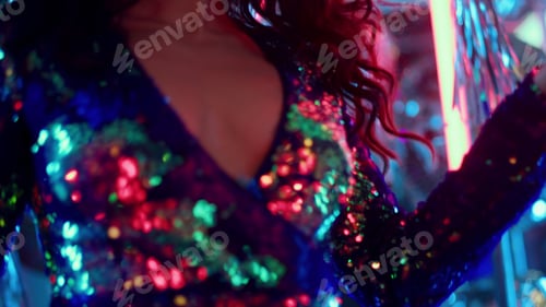 Preview: Closeup Sexy Girl Making Movements In Nightclub. Hot Woman Breast On Neon Lamps Background. Young