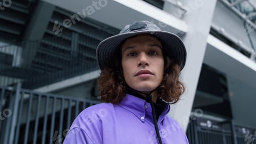 Preview: Young Man Posing On Urban Background Outdoor. Portrait Of Stylish Hipster Looking Camera At City