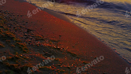 Preview: Closeup Lake Waves Splashing Sand Coast Shore In Morning Sunrise Dawn. Close Up Sea Water Waves