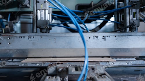 Preview: Manufacture Factory Cardbox Production Process At Technological Facility Closeup. Close Up Of