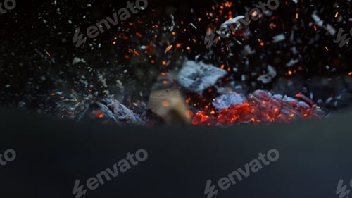 Preview: Flame Burning Out In Grill In Slow Motion On Backyard. Firewood Dropping In Burning Out Fire In Bbq