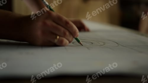 Preview: Unrecognized Man Drawing In Carpentry Workshop. Man Hands Preparing Design For Product In Studio