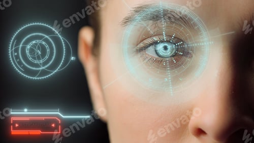 Preview: Biometrical Retinal System Analysing Eye Health Closeup. Iris Checking Process Inspecting