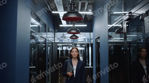 Preview: Portrait Of Smiling Businesswoman Posing In Office Corridor. Closeup Charming Female Manager
