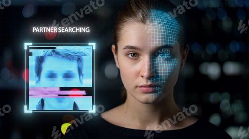Preview: Face Biometrical Analysis Match Partner Search Collect Personal Data Closeup. Futuristic