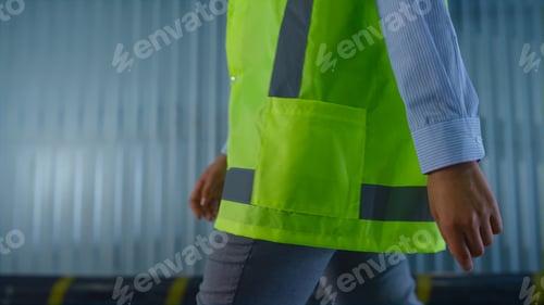 Preview: Closeup Warehouse Employee Uniform Wearing Walking To Manufacture Workplace. Professional Factory
