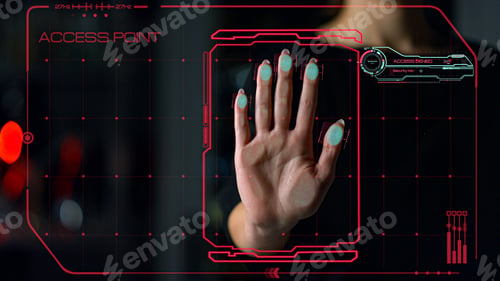Preview: Biometrical Access Application Denying Hacker Attack Identifying Person Palm Closeup. Modern