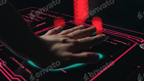 Preview: Digital Fingerprint Scanner Denying Launching System Identify Person Print Closeup. Futuristic