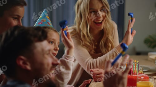 Preview: Happy Family Celebrating Birthday On Video Call At Home. Cheerful Parents Siblings Enjoying Online