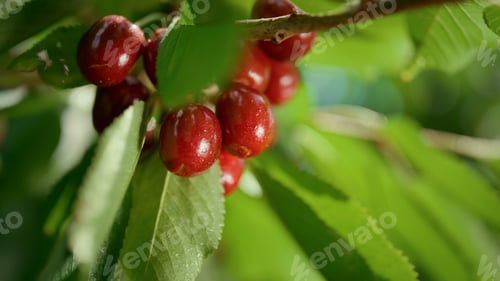 Preview: Cherry Fruit Tree Branch Shining In Orchard Closeup. Close Up Red Ripe Fresh Berry Bunch Growing In