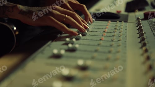 Preview: Macro Man Hands Moving Sliders On Soundboard. Unrecognizable Music Producer Adjusting Sound On