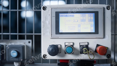 Preview: Factory Machine Screen Controlling Production Process Showing Data Closeup. Modern Technological