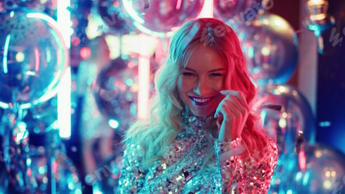 Preview: Closeup Blonde Girl Dancing In Nightclub. Portrait Of Cute Woman Looking At Camera On Neon Lights