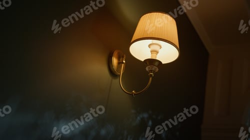 Preview: Interior Lighting Design Concept. Beautiful Lamp Hanging On Wall In Cozy Space. Yellow Sconce