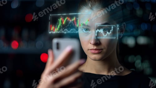Preview: Woman Phone Diagram Holograms Display Process Collecting Financial Data Closeup. Digital Modern