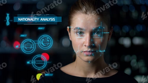 Preview: Technological Face Scan System Analysing Biometrical Data Nationality Check. Modern Global