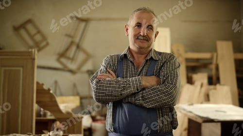Preview: Portrait Of Senior Man Smiling In Carpentry Workshop. Elderly Carpenter Standing With Crossed Arms