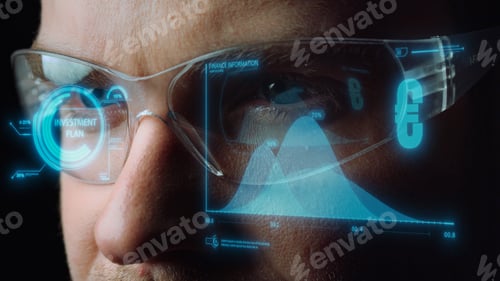 Preview: Closeup Futuristic Glasses Financial Diagram Displaying Ceo Calculating Benefits. Focused