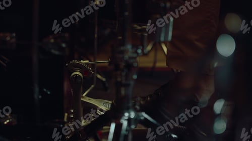Preview: Drummer Man Leg Pressing Pedal On Bass Drum In Concert Hall. Closeup Drum Pedal In Action In Sound
