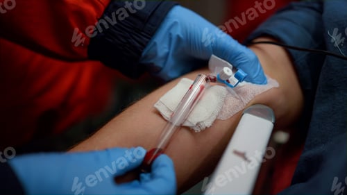 Preview: Paramedic In Gloves Taking Sample For Blood Test Of Patient. Unrecognizable Ambulance Doctor