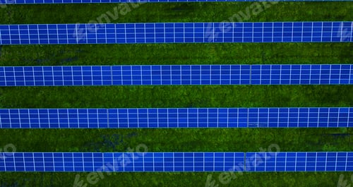 Preview: Top View Blue Solar Panels Park. Renewable Energy Sources. Sustainable Energy Station On Green