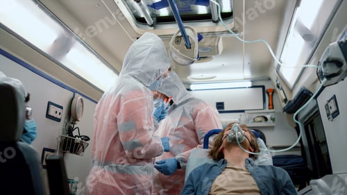 Preview: Multiethnic Doctors Holding Samples Of Coronavirus Test In Emergency Car. Paramedics In Masks And