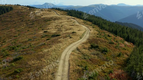 Preview: Drone Hilly Forest Path To Peak Peaceful Touristic National Park Sunny Day. Stunning Landscape