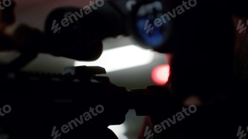 Preview: Closeup Serious Killer Holding Modern Rifle Outdoor. Bearded Man Taking Aim With Firearm