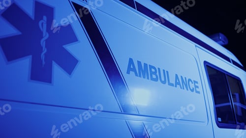 Preview: Closeup Emergency Body Of Car With Logo. Detailed View Of Ambulance Vehicle With Emblem. Medical