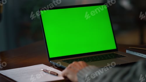 Preview: Green Screen Laptop Computer Closeup. Unknown Senior Man Having Video Call At Chroma Key Laptop