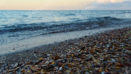Preview: Sea Water Waves Splashing Sand Beach Sunset Closeup In Slow Motion. Close Up Calm Blue Ocean Waves