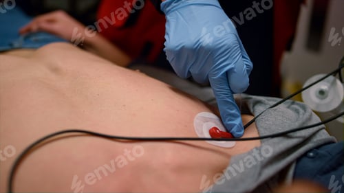 Preview: Unrecognizable Emergency Doctor Hands Applying Sensors To Measure Man Ecg. Closeup Paramedic In