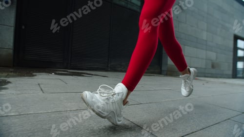 Preview: Female Legs Running On Street Road In Slow Motion. Close Up Woman Legs Jogging Outdoor. Sport Woman