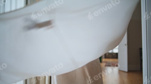 Preview: Dancing Lady Swirling Home Closeup. Unknown Woman In Silk Robe Having Fun At Cozy Apartment. Happy