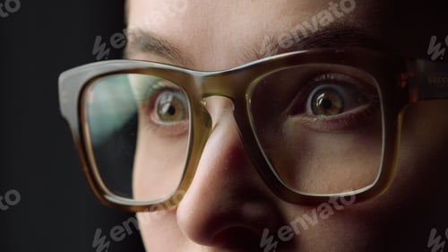 Preview: Macro Portrait Of Surprising Young Business Woman Opening Eyes Widely In Office. Focused Beautiful