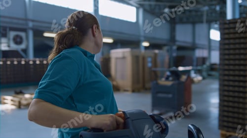 Preview: Woman Storage Vehicle Operating Process Transporting Pallets Managing Supply. Female Warehouse