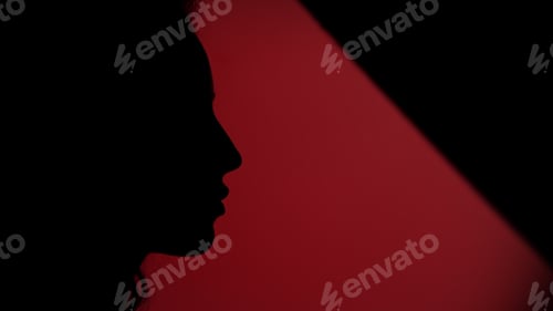 Preview: Side View Of Female Face Placing Her Finger On Lips On Dark Red Background. Closeup Silhouette Of