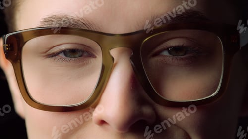 Preview: Macro Of Smiling Young Woman Wearing Glasses Indoors. Happy Businesswoman Having Good Mood In