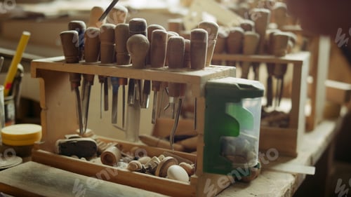 Preview: Unknown Woodworker Taking Tool In Carpentry Workshop. Closeup Unrecognized Master Choosing Tool For