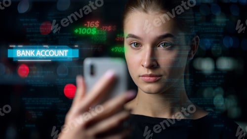 Preview: Phone Digital Hologram Bank With Modern Application Displaying Balance Closeup. Smart Futuristic